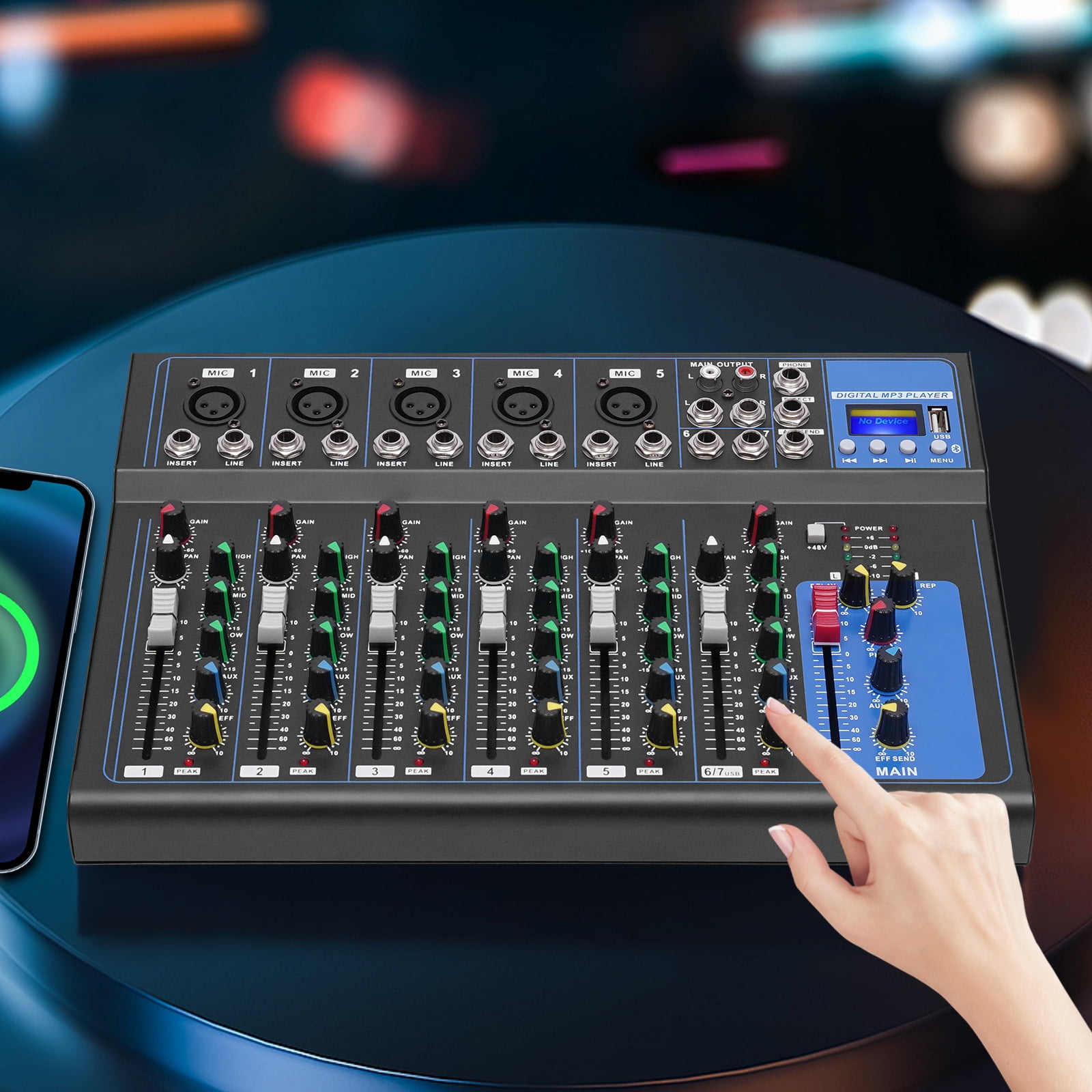 7 Channel Audio Mixer, Bluetooth Portable Audio Mixer w/USB DJ Sound Mixing Console MP3 Jack 48V Power for Computer Recording, Sounds Mixer Board For Studio Recording