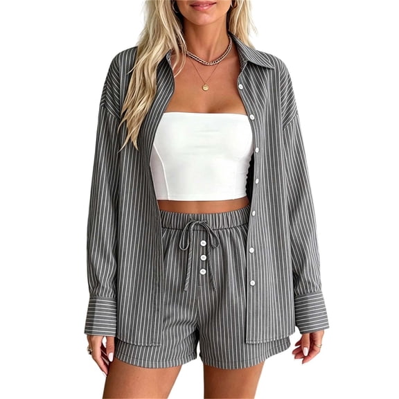GUACER Two Piece Sets for Women Summer Striped Long Sleeve Button Shirts and Drawstring Waist Shorts Casual Outfits