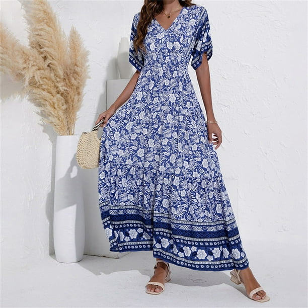 WILLBEST Faldas Para Mujer Vestido Largo Africano Con Estampado Floral De Manga Corta Estilo Bohemio Para Mujer