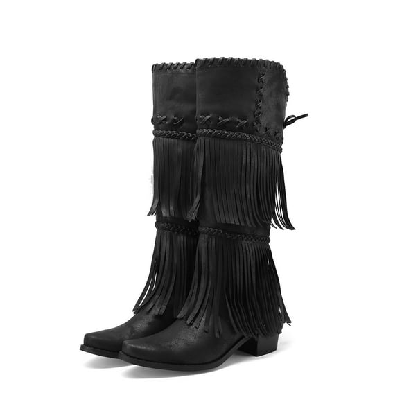 Bmisegm Cowboy Boots for Women Western Boot Pointed Toe Low Chunky Heel Long Booties Ladies Shoes Black 9