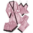 thumbnail image 2 of purcolt Women's 4 Pieces Satin Silk Pajamas Sets, Lace Trim V-Neck Belted Robes Camisole Shorts Pants Soft Pjs Sleepwear Loungewear, 2 of 8