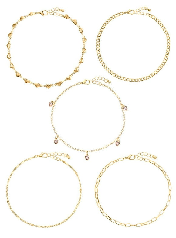 No Boundaries Gold Tone Anklet Set, Heart Motif, Female, Adult and Teen, 5 Pieces