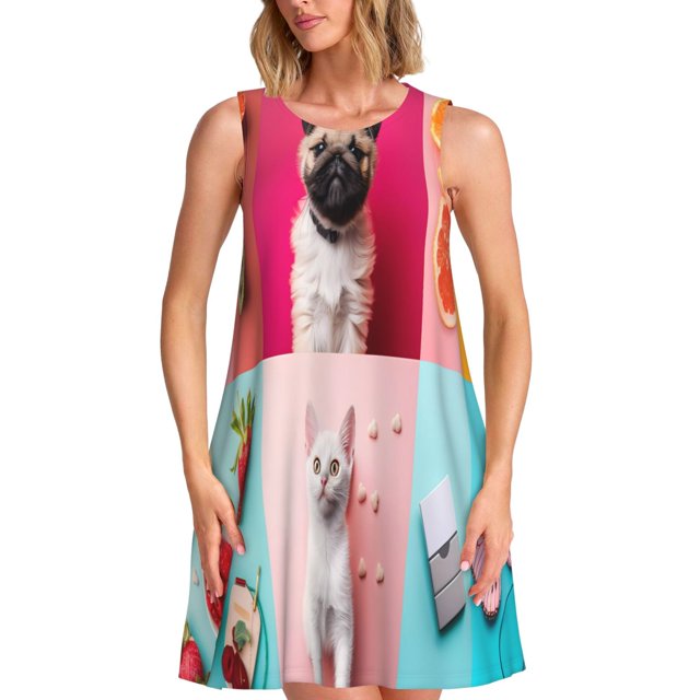 Easygdp Colorful Dog Cat Collage para Vestido Transpirable de Mujer, Vestido Suelto de Manga Corta con Pliegues y Bolsillos para el Verano