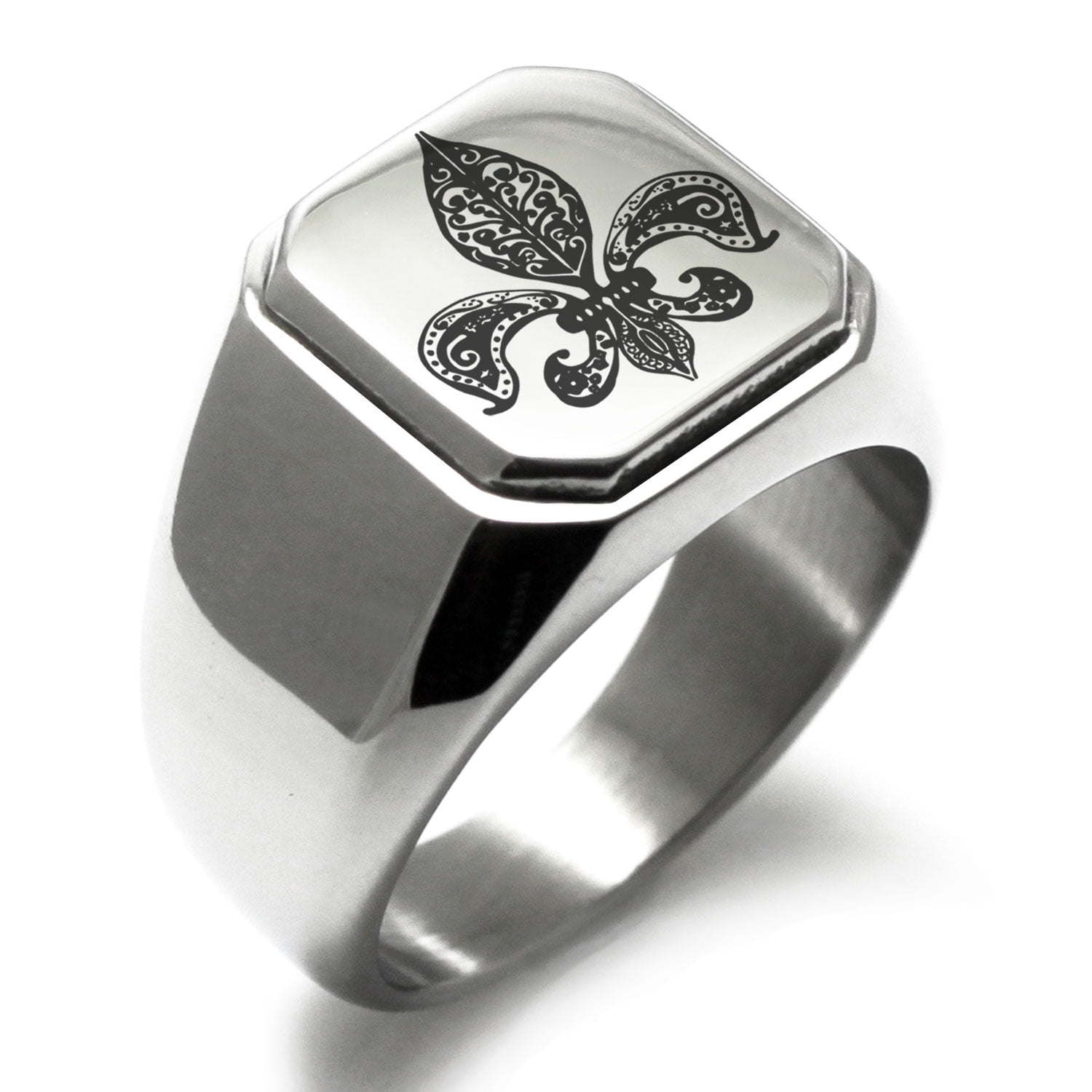Stainless Steel Gold Color Plated Fleur De Lis Cross Square Comfort Fit Signet Ring