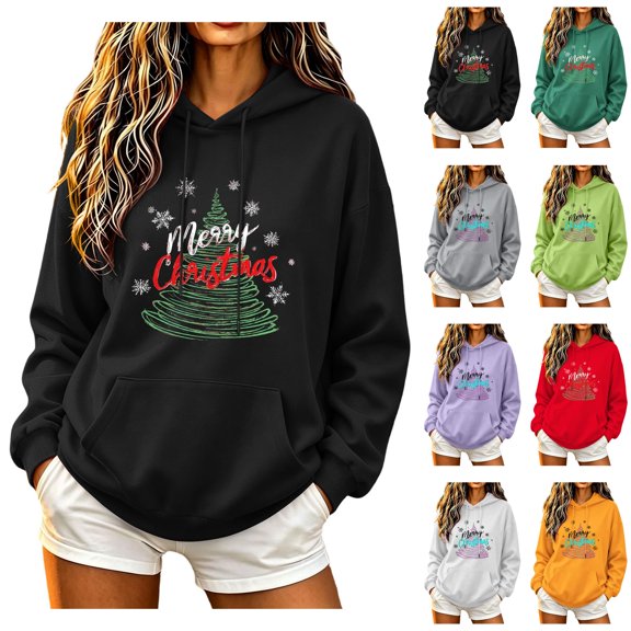 Rvkxad Womens Hoodie Hooded Ribbed Round Neck Long Sleeve Graphic Letter Print Casual Comfy Winter Holiday Loose Christmas Sweatshirt Black M