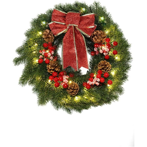 FUNING 16 Inches LED Christmas Wreath with Pinecones Red Berries, Red Bowknot Lighted Christmas Wreath with 40 LED Warm White Lights for Winter Holidays Home Decoration (Christmas)