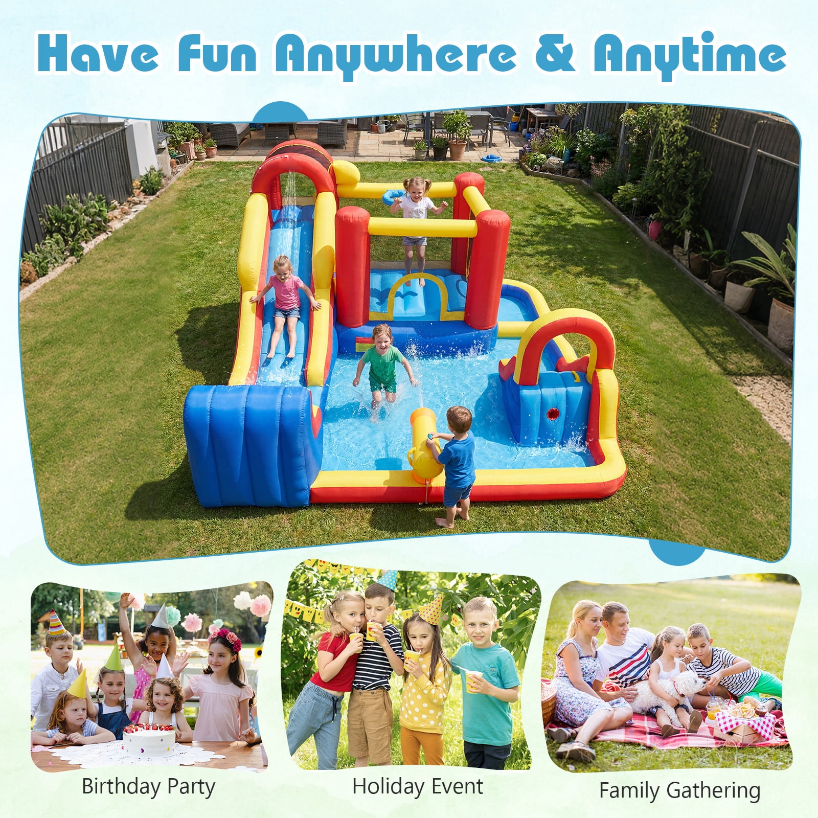 Gymax Inflatable Water Slide 7-in-1 Outdoor Bounce House w/ Dual Slides Splash Pool Water Cannon Climbing Wall & Basketball Hoop