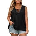 thumbnail image 3 of VBVC Women's Plus Ribbed Lace-Up V-Neck Tank Top, Ladies' Sleeveless Casual Loose Fit Blouse, Solid Color Summer Layering Shirt For Women,Black,XL-5XL, 3 of 9