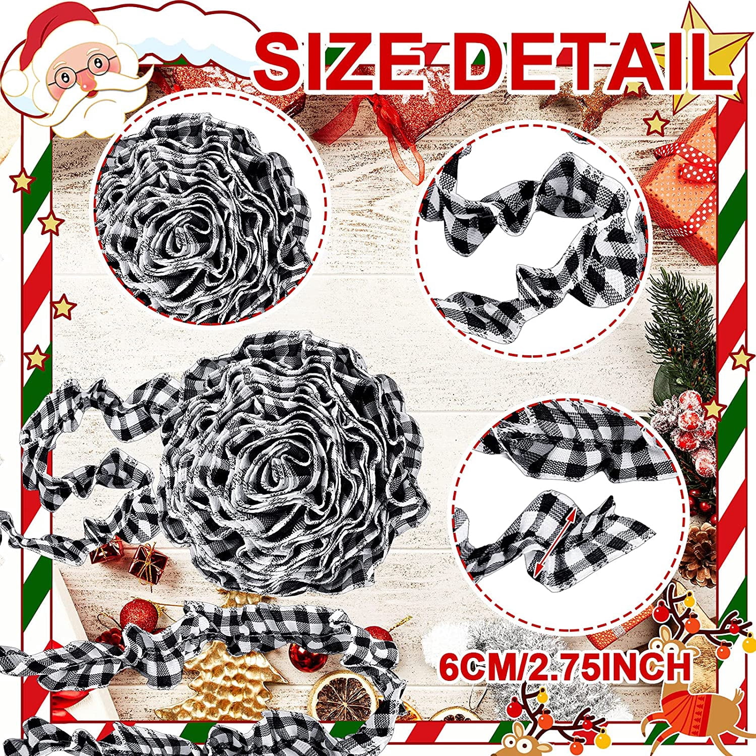 27ft Christmas Buffalo Plaid Ribbon Ruffled Homespun Fabric Garland, Christmas Tree Ribbon Decorations for Christmas Home Wreath Staircase Tree Decor