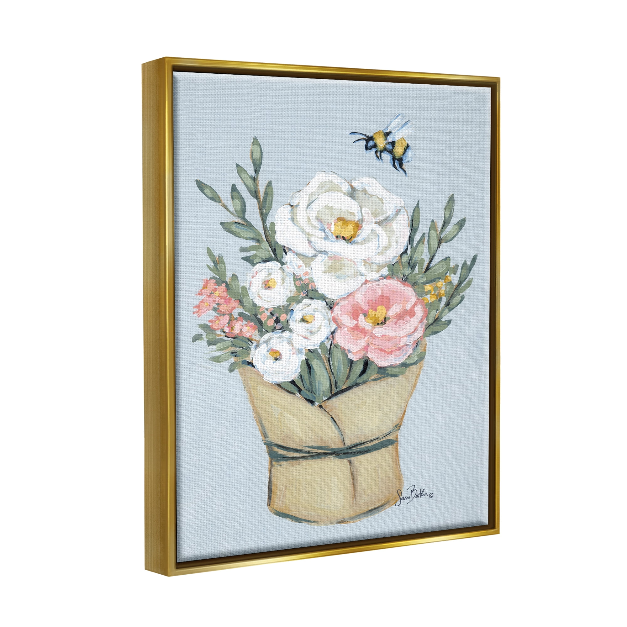 Stupell Industries Pink & White Bouquet Botanical & Floral Painting Gold Floater Framed Art Print Wall Art, 25 x 31