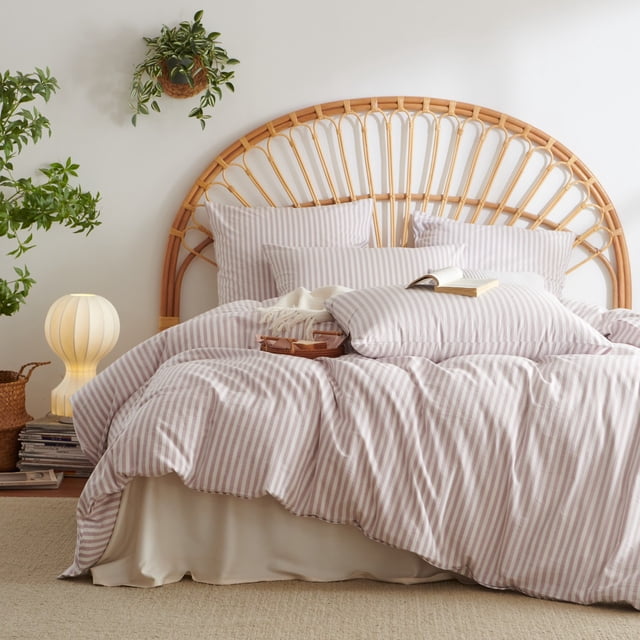 JOLUSERE Housse de Couette Rayée 100 % Coton Ensemble Complet, Housse de Couette 3 Pcs à Texture Type Lin Respirante (Rayures Classiques Rose Grisâtre et Blanc)