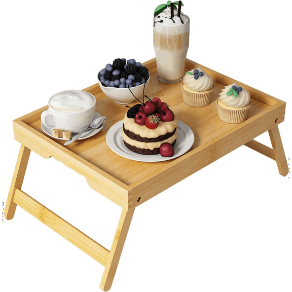 Bed Tray Table with Folding Legs,Bamboo Breakfast in Bed for Kitchen Serving Tray,Sofa,Eating,Used As Laptop Desk Snack Tray (Bamboo, Large)