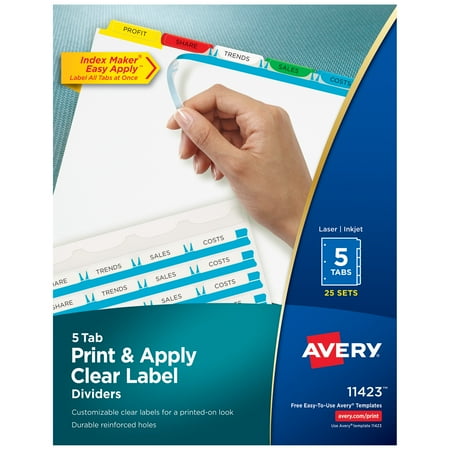 UPC: 0072782114237 | Avery 5 Tab Dividers for 3 Ring Binder  Easy Print & Apply Clear Label Strip  Index Maker Customizable Multicolor Tabs  25 Sets (11423)