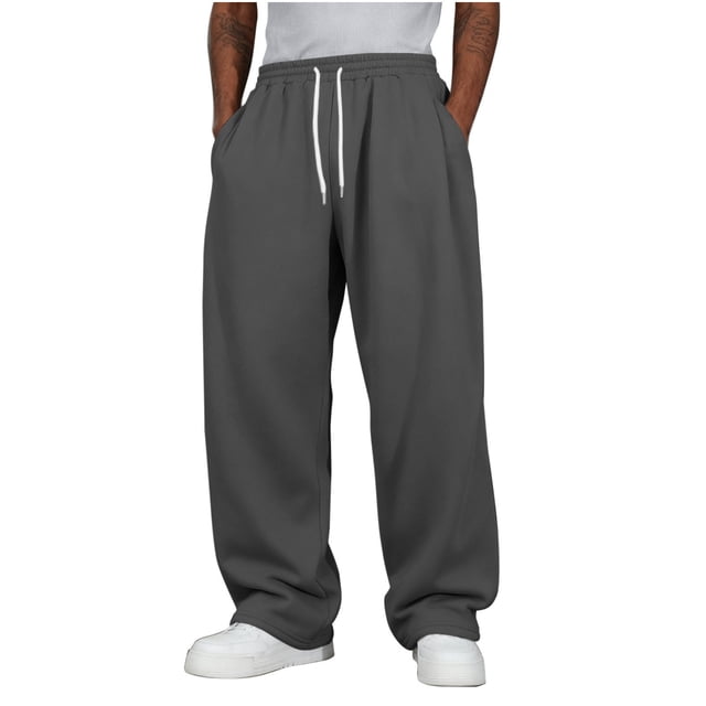 Amzcrzy Pantalones Deportivos Hombre Clásicos Color Liso Cintura Alta Elástica Cordón Pierna Recta Holgados Anchos Cómodos Con Bolsillos Tallas S-2XL Gris