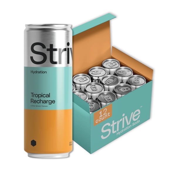 Strive Soda Tropical Recharge - Sparkling Hydration Soda with Electrolytes & Organic Honey - Passionfruit Coconut Naturally Sweetened Drink - No Artificial Sweeteners or Preservatives - 12 Pack Cans