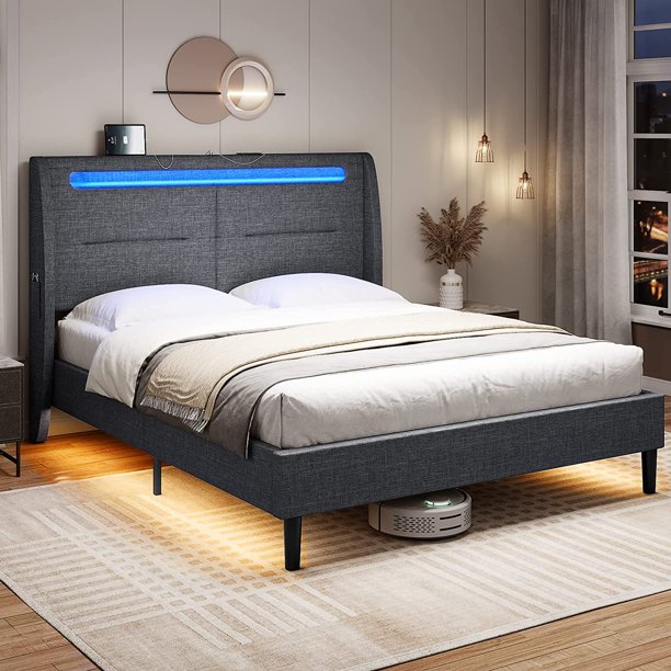 ADORNEVE LED Bed Frame with Headboard and USB Ports, Full Upholstered Platform Bed Frame with