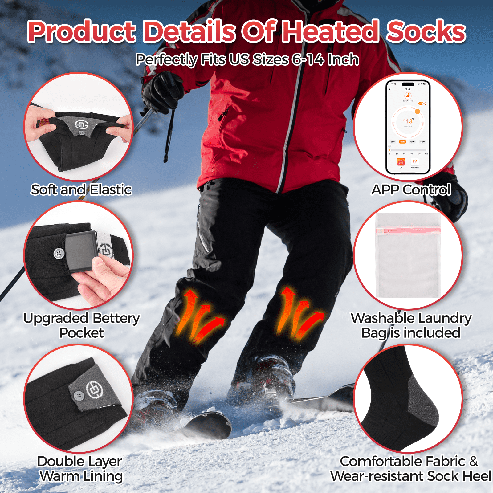 Netraty Heated Socks for Men Women with App Control, Two 8000mAh Rechargeable Battery Electric Socks Washable Thermal Socks Winter Foot Warmer for Camping, Skiing, Fishing, Hunting