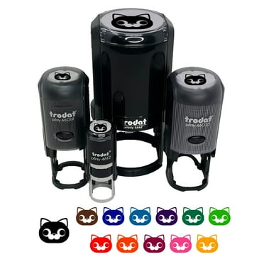 Round Cat Face Derpy Self-Inking Rubber Stamp Ink Stamper - Black Ink - Mini 1/2 Inch