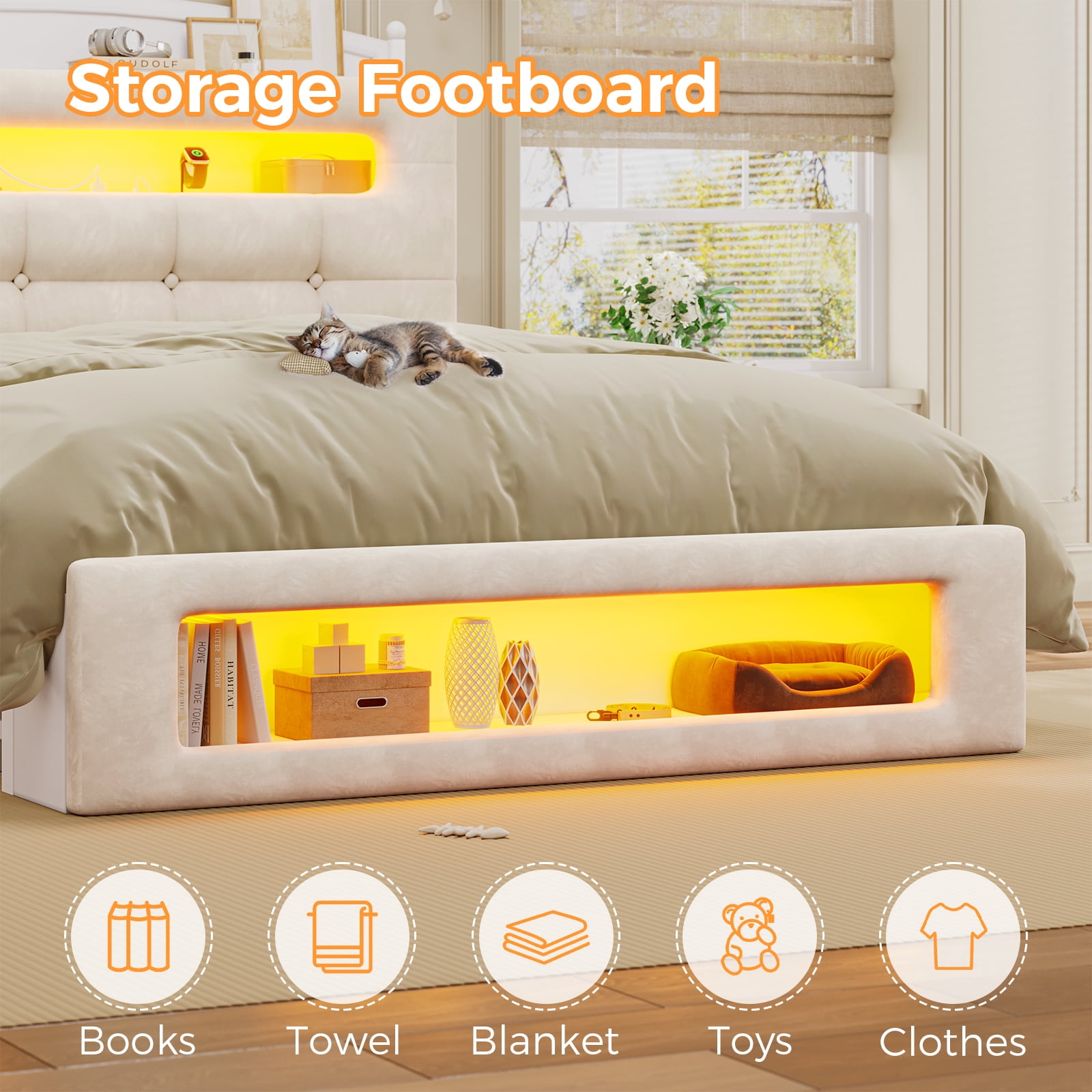 Twin Size Upholstered Platform Bed Frame with LED Lighting, Storage Headboard and Footboard, Remote/App Control, No Box Spring Needed,White
