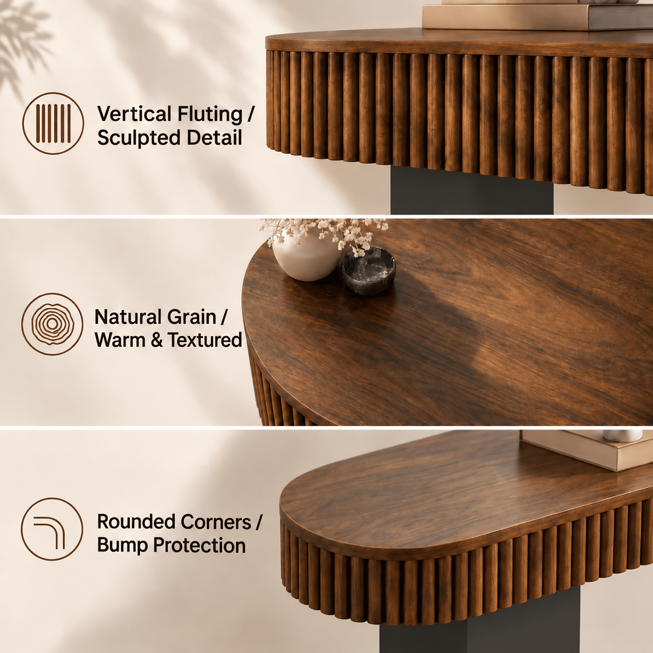 PORKISS 62.9" Console Table with Open Storage, Narrow Long Entryway Table with Rounded Edges, Fluted Sofa Table for Living Room, Hallway, Foyer, Behind Couch, Black + Brown