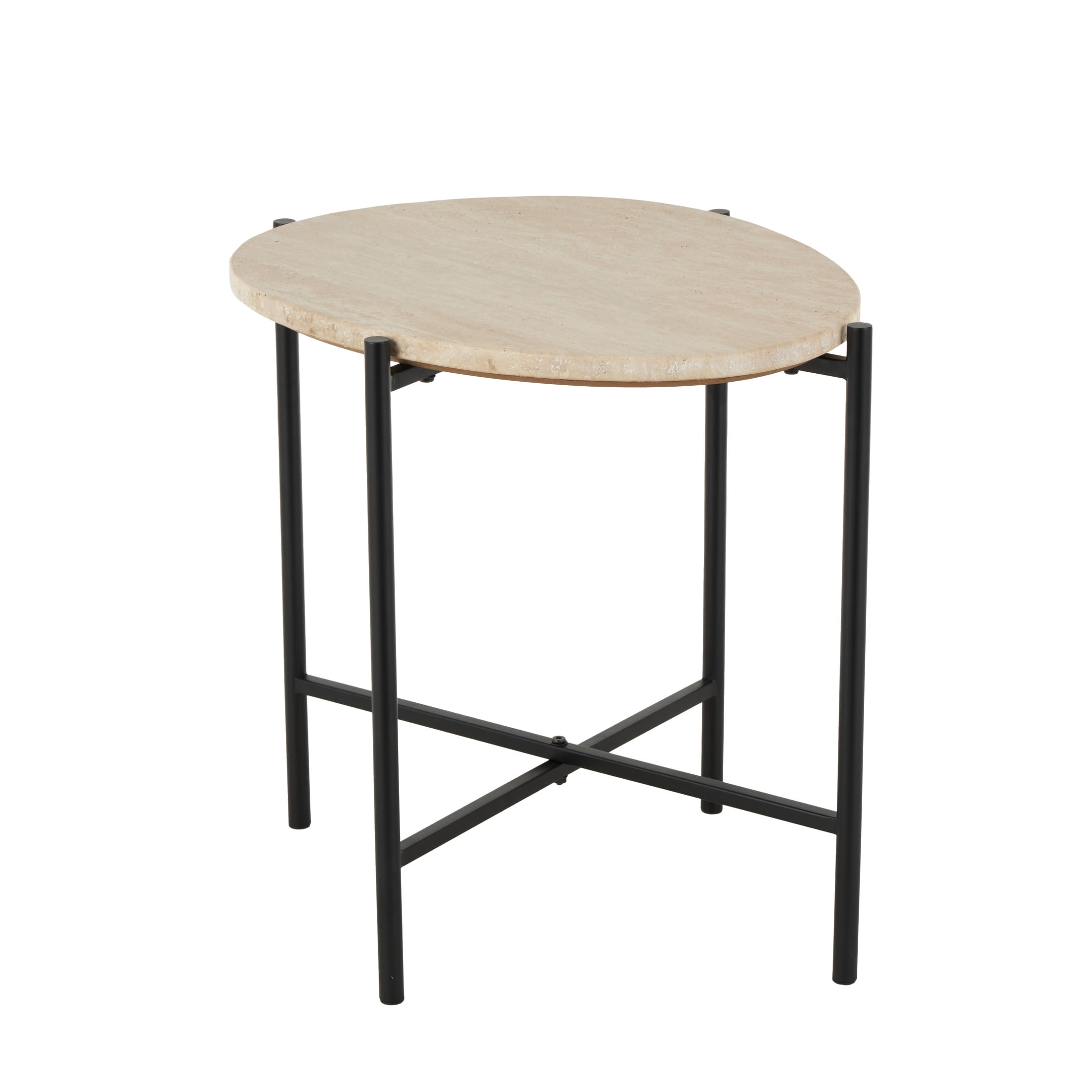 DecMode 19" x 20" Beige Marble Accent Table with Black Metal Support, 1-Piece
