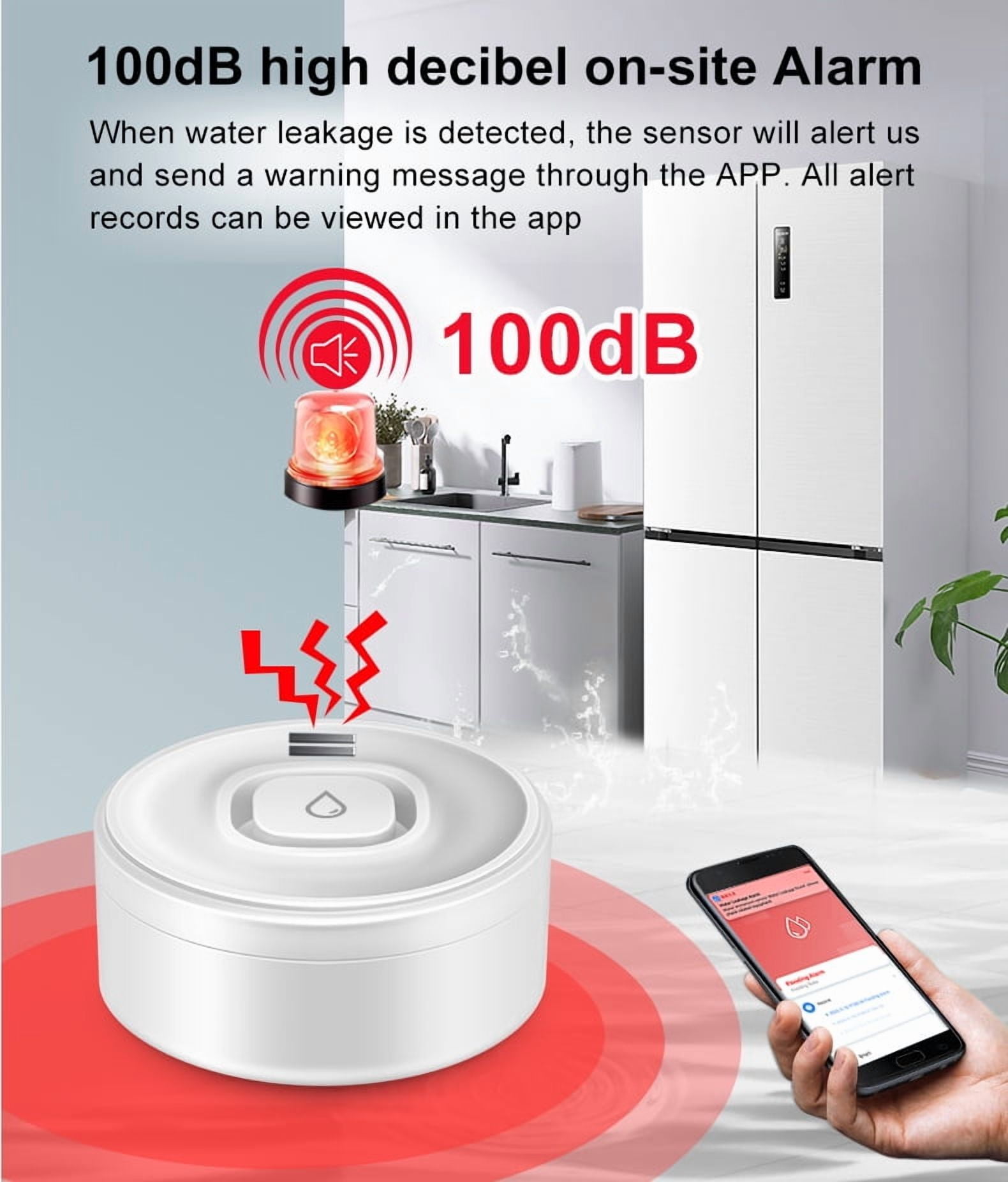 Smart Water Leak Detector, Water Leakage Alarm Kit: 1 Smart Siren + 2Leak Sensor, with App Alerts and 100dB Adjustable Sound, for Drip or Flooding in Kitchen Bathroom Basement (2.4G WiFi)