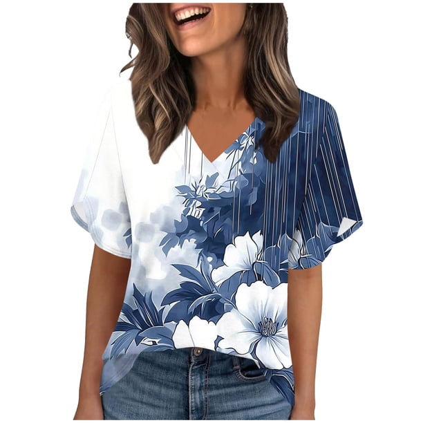TaTaai Women's Lightweight V-Neck Top Short Sleeve Ruffle Printed Loose Fit Breathable Summer Chic Blouse Daily Office Beach Gift
