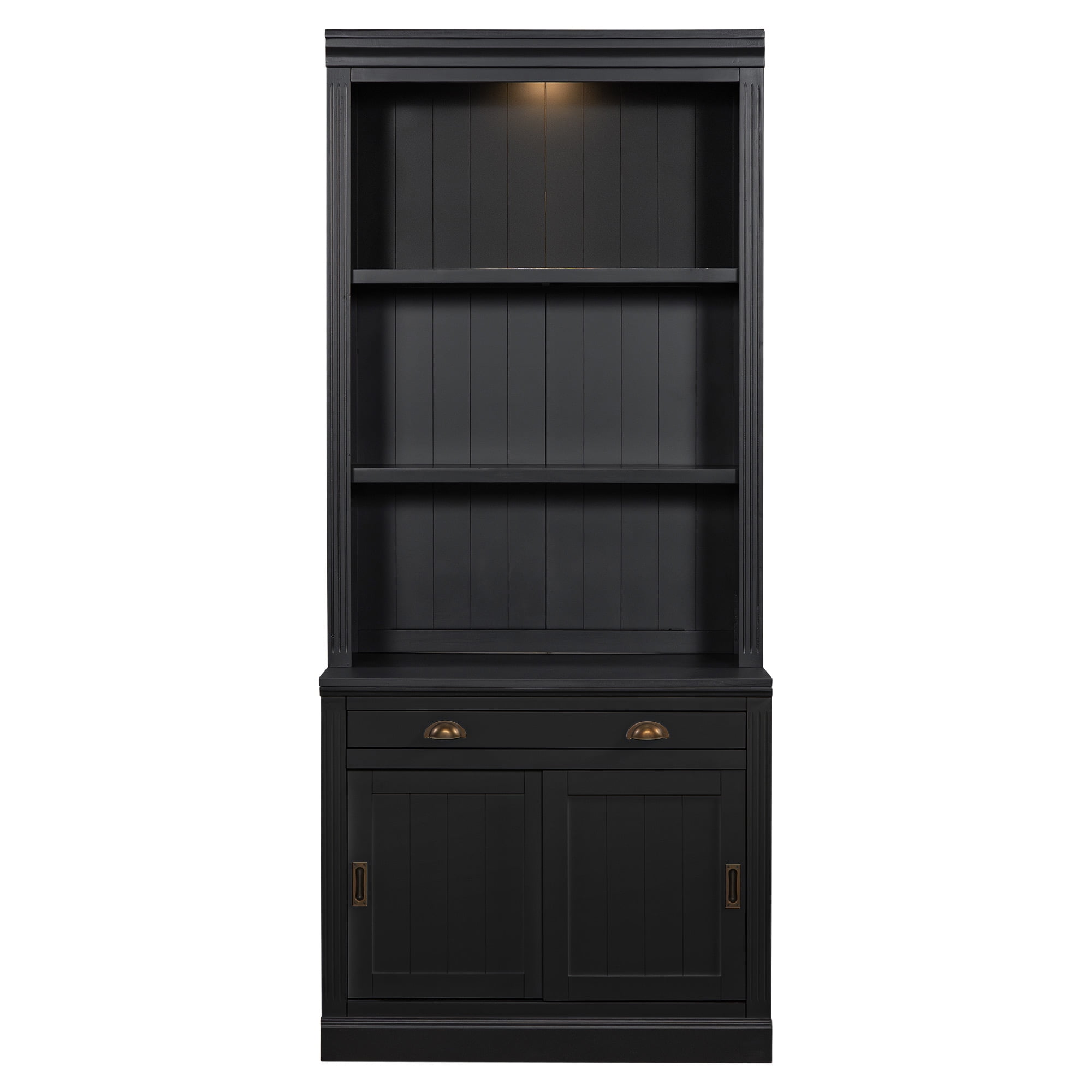 Harper & Bright Designs Tall Wood Bookshelf, Bookcases with Sliding Doors and Drawers, Storage Bookcase with LED Lighting and Open Shelves, Black