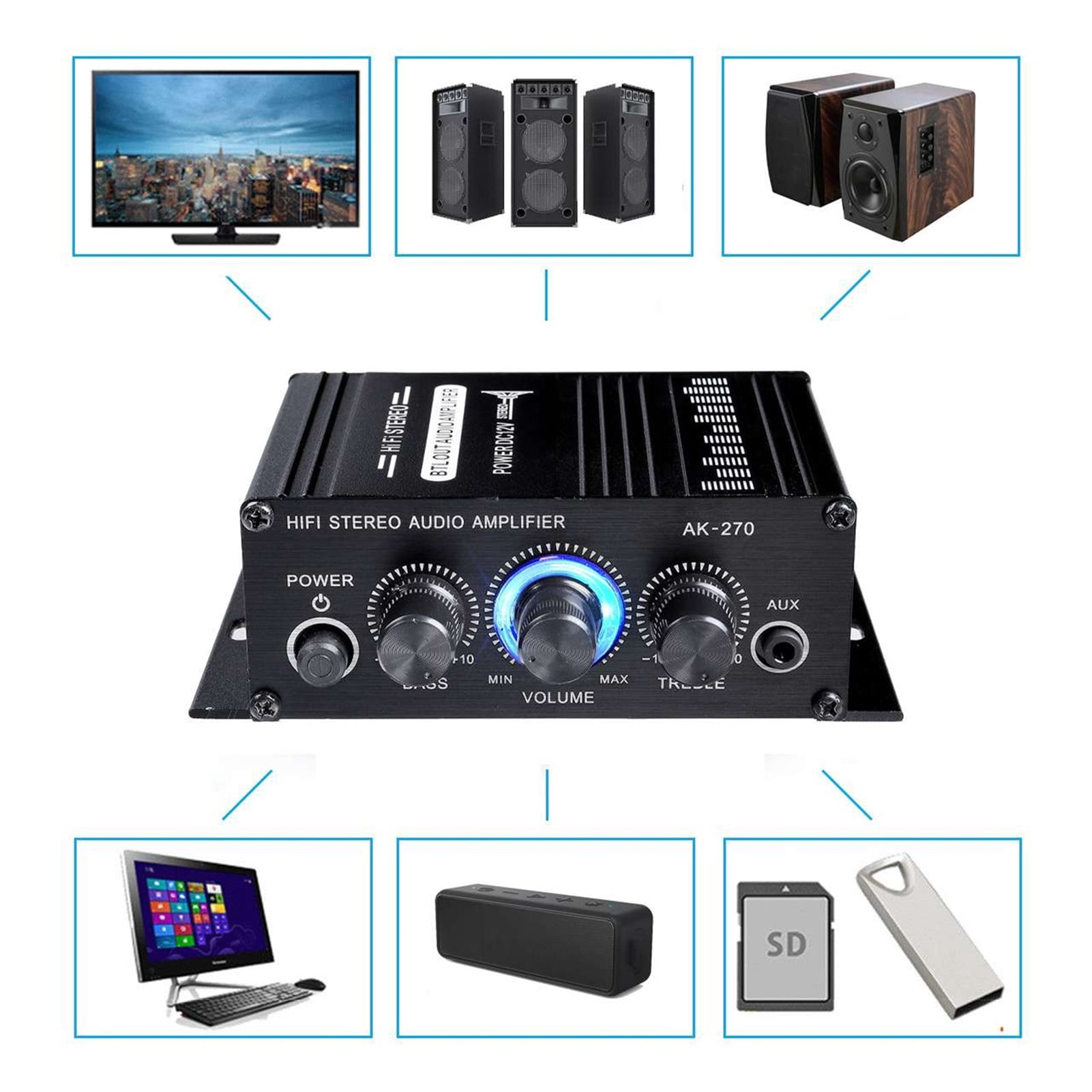 AK170/270/370/380 800W 12V Hifi Power Amplifier Stereo Home Car BASS Audio Amp Car Speaker Class D Car Home Sound Power Amp ,Multiple Applications