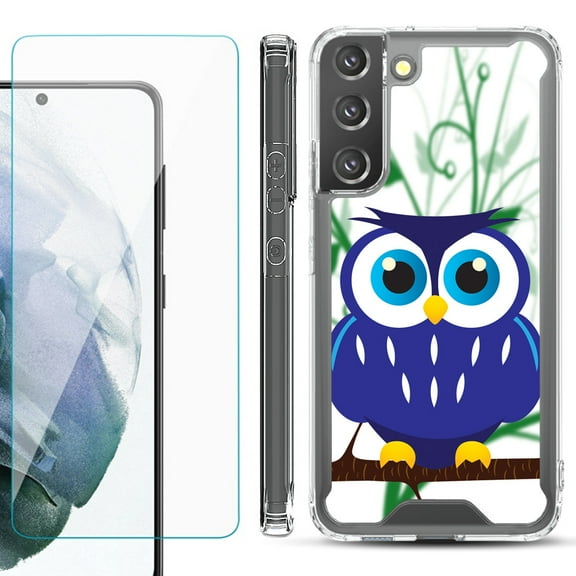 Shockproof Bumper Phone Case for Samsung Galaxy S22 5G, with Tempered Glass Screen Protector, by OneToughShield ® - Blue Owl