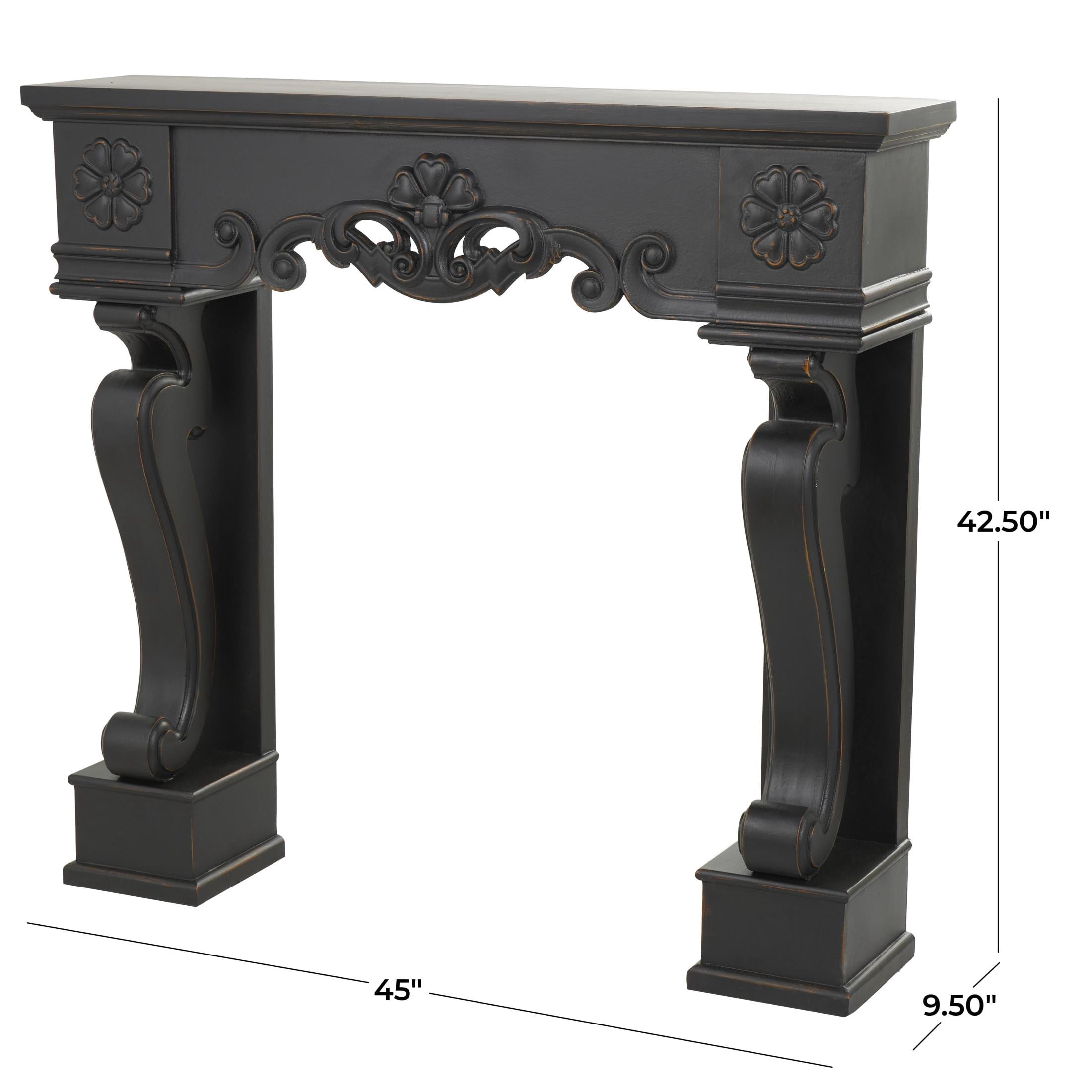 DecMode 45" x 43" Wood Black Freestanding Scroll Surround Fireplace Mantle with Floral Accents