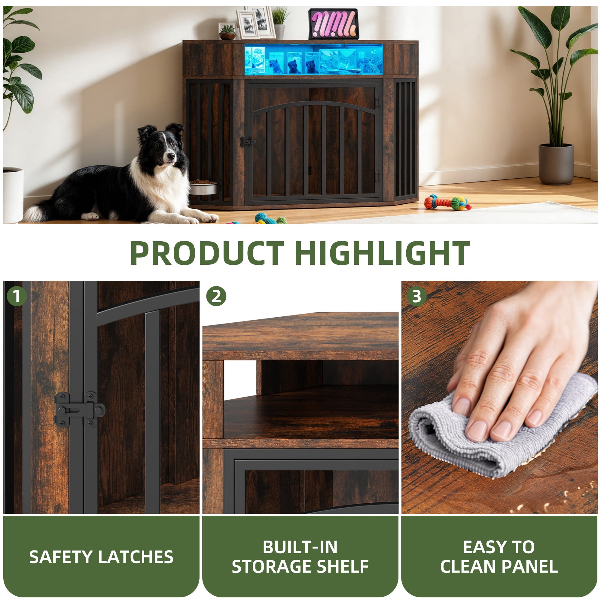 Uforic 52 Inch Rustic Brown Corner Dog Crate Furniture, Indoor Heavy Duty Kennel with LED Light, Power Outlets & 360° Bowl