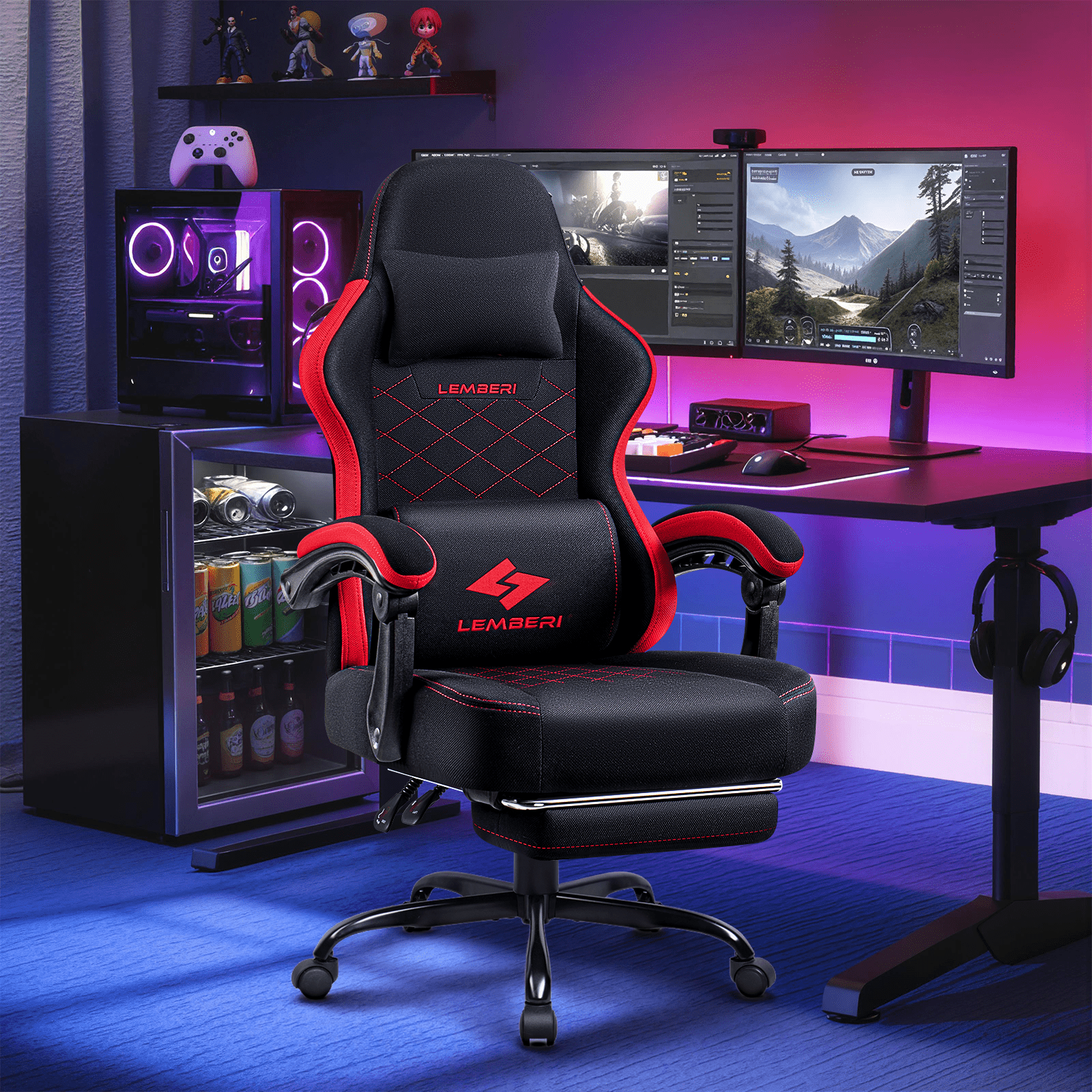 Waleaf Heavy Duty Gaming Chair with Footrest, Big and Tall Video Gaming Chair for Adults, Unique Lumbar Support and Linkage Armrest, Racing Style Game Chair