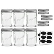 Wide Mason Jars with Airtight Lids, Labels and Measures - 16 oz - [Set of 6] Airtight Canning Jars, Glass Jars