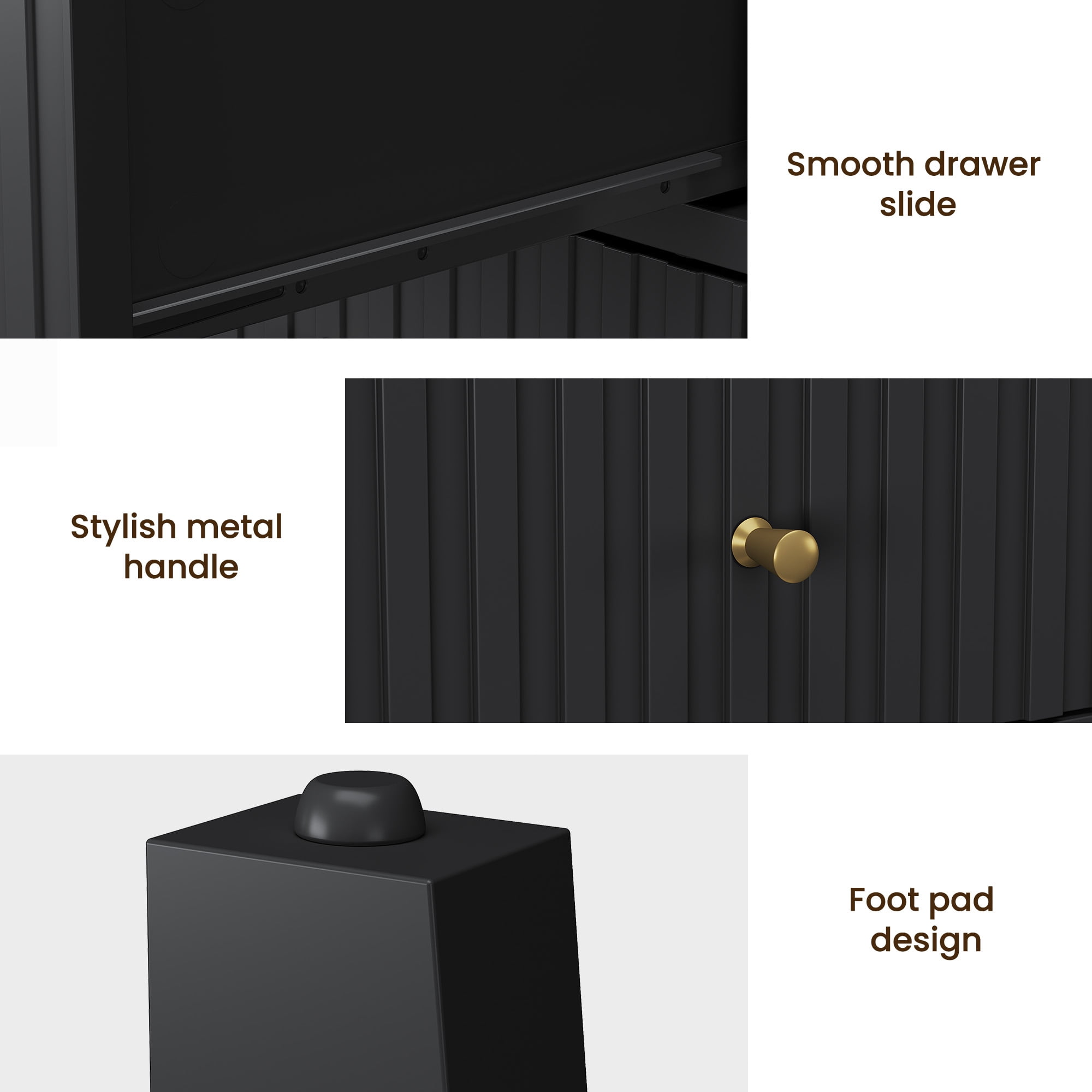 Heynemo Black Fluted Nightstand with 2 Drawers Set of 2, Modern Wooden Sofa Table for Small Spaces, Tall End Table for Bedroom, Living Room
