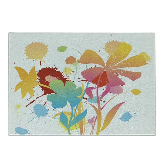 Colorful Cutting Board, Hawaiian Beach Party Theme with Lively Flowers Abstract Summertime Composition, Decorative Tempered Glass Cutting and Serving Board, Small Size, Multicolor, by Ambesonne
