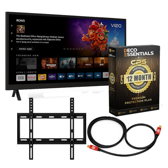 Restored Vizio 24" HD Smart LED TV with Bluetooth, Active Pixel Tuning, AirPlay & Google Cast (Refurbished) + Deco Esentials 12Month CPS Protection + 6FT 4K HDMI Cable + Deco Mount Slim Wall