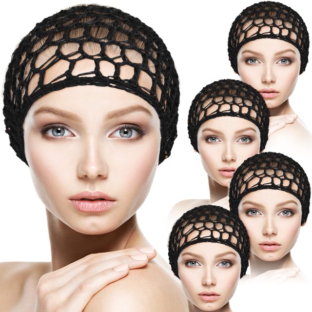 CACASO Gorros de Malla de Rayón para el Cabello para Mujer - 5 Piezas de Gorros Gruesos de Ganchillo para Dormir Accesorios Suaves para el Cabello con Adorno de Cubierta (Negro)