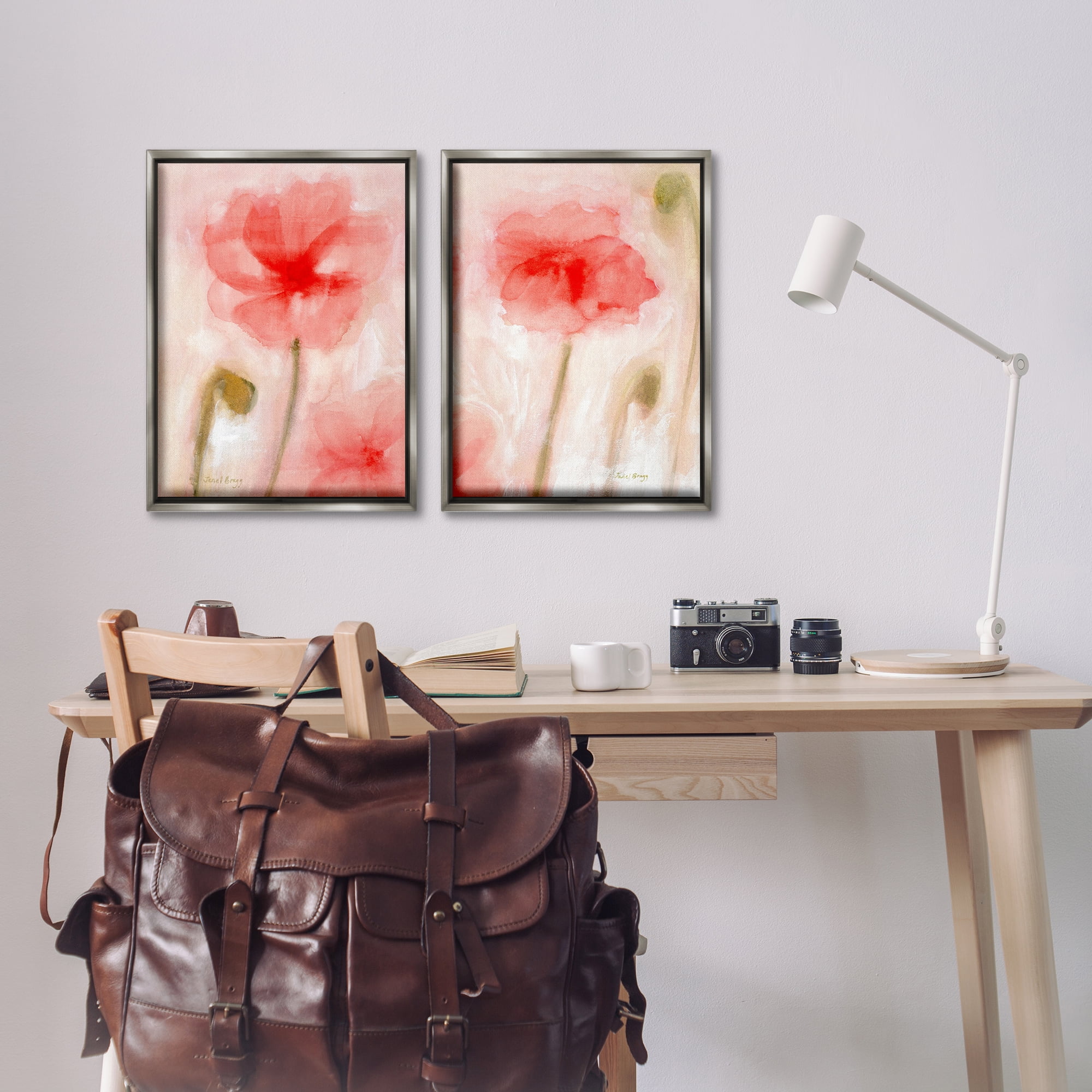 Stupell Industries Beautiful Coral Poppy Blossom Plants & Flowers Painting Gray Floater Framed Canvas Art Print Wall Art, 17 x 25, Set of 2