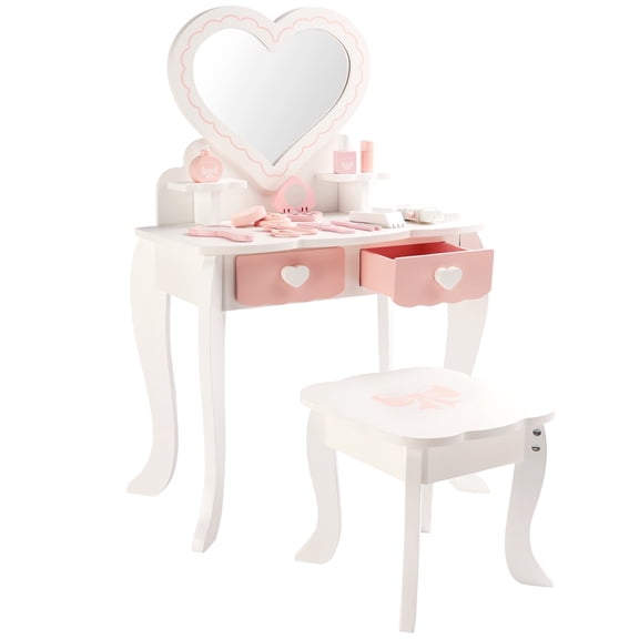 Kids Vanity Toy, Toddler Wooden Makeup Vanity Table & Chair Set, Pretend Play Dressing Accessories Toy, Princess Mirror, Girls Vanity Set White