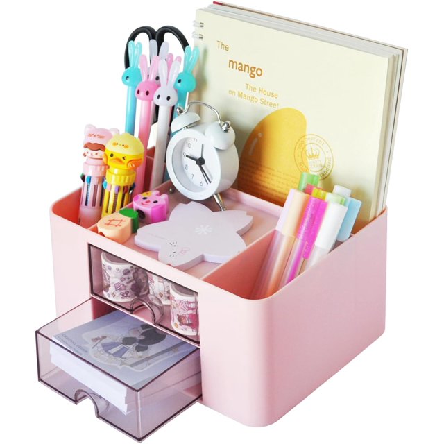 Caja de almacenamiento de escritorio rosa, caja de almacenamiento de escritorio ordenada, caja de almacenamiento de papelería de escritorio estilo cajón, portalápices de gran capacidad, adecuado par