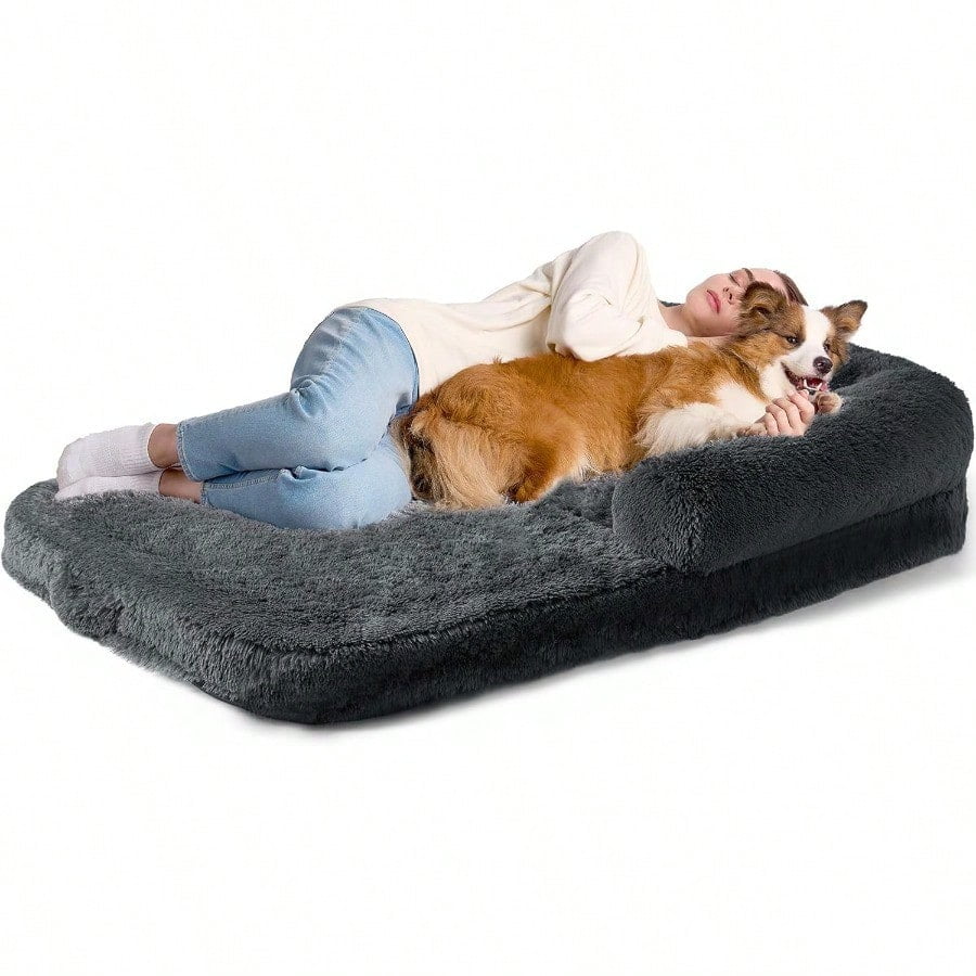 Human Dog Bed For Foldable XXL Dog Bed Faux Fur Fluffy Pet Couch Bed Orthopedic Calming Memory Foam Big Pet Bed Washable Pet Sofa Bed With NonSlip Bottom Dark Grey 54x38x7.5