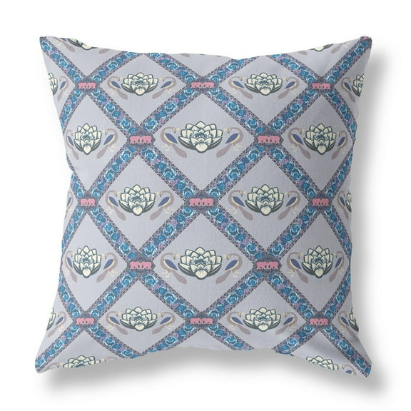 Lotus Peacock Rose Indoor/Outdoor Fabric Pillow in Gray Sea Blue Pink 16x16