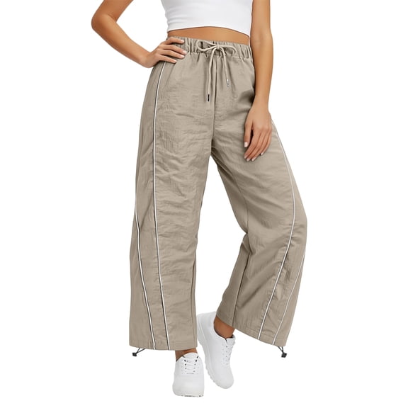 Womens Wide Leg Track Pants Drawstring High Rise Striped Elastic Waist Baggy Pants with Pockets Coffee S