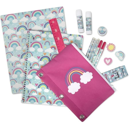 20 Piece Rainbow Clouds Stationary Kit Containing Spiral Notebook, Folder, Rules, Erasers & More!