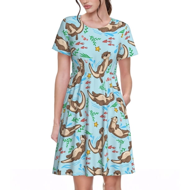 Easygdp Cute Otters para Vestido Transpirable de Mujer, Vestido Suelto de Manga Corta con Pliegues y Bolsillos para el Verano