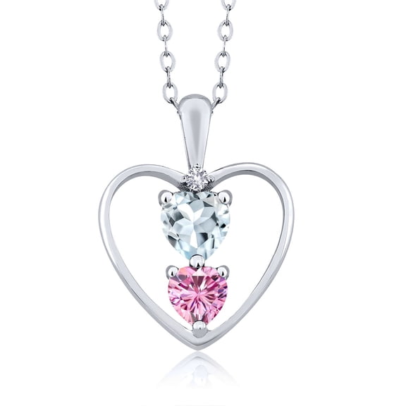 925 Sterling Silver Sky Blue Aquamarine Pink Moissanite and White Created Sapphire Pendant Necklace for Women (0.67 Cttw, Gemstone March Birthstone, Heart 5MM and 4MM, with 18 inch Silver Chain)