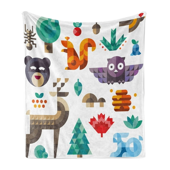 Bunny Soft Flannel Fleece Throw Blanket, Cheerful Poly Art Style Animals Owl Bear Bunny Apple Dear Nursery Baby Design, Cozy Plush for Indoor and Outdoor Use, 60" x 80", Multicolor, by Ambesonne