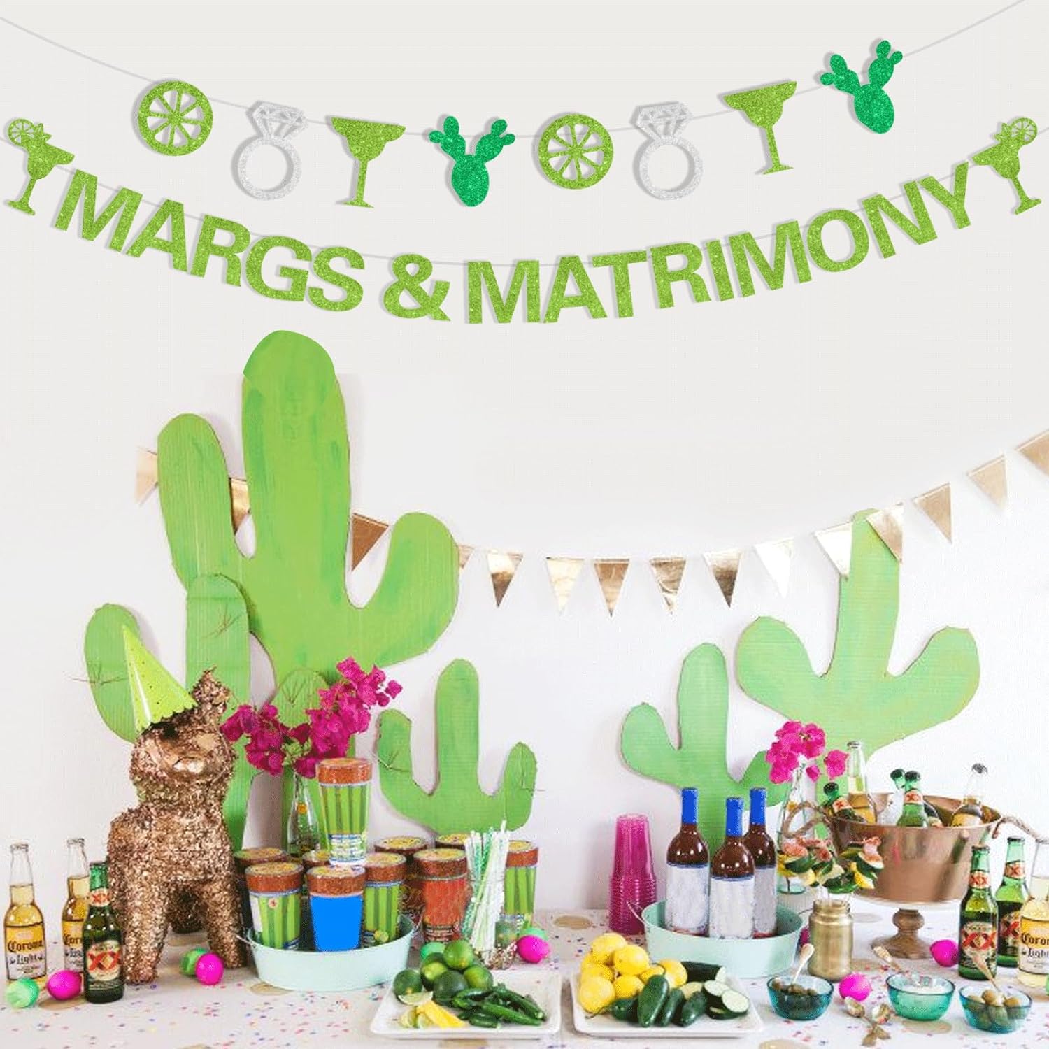 Margarita Bachelorette Party Decorations, Margs & Matrimony Banner for Mexican Fiesta Cactus Bridal Shower Engagement Wedding Supplies Decorations