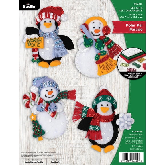 Bucilla 4.25" x 5" Felt Applique Polar Pal Parade Christmas Ornament Embroidery Kit, 4 Pieces